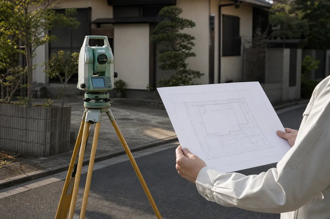 住宅地で測量機器と敷地図を確認する現況測量