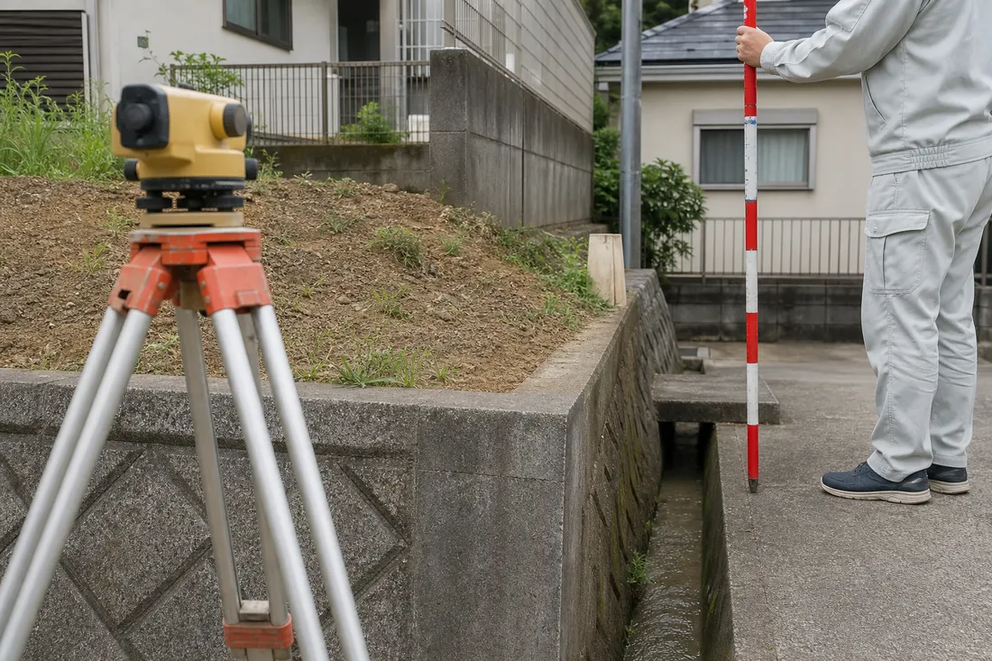高低差のある住宅地で標尺を使い高低測量を行う様子